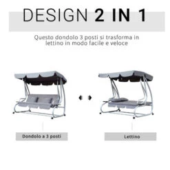 Outsunny Dondolo Da Giardino 3 Posti Con Schienale Reclinabile E Tetto In Poliestere, Grigio -VIDAXLI NEGOZIO 29808846 4