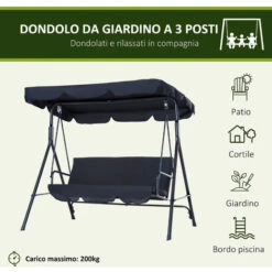 Outsunny Dondolo Da Giardino A 3 Posti Con Tettuccio Parasole Inclinabile In Acciaio 172 × 110 × 152cm Nero -VIDAXLI NEGOZIO 29809546 4