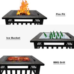 Todeco Braciere Da Giardino Braciere Da Esterno Con Coperchio, 3 In 1 Fire Pit Da Tavolo Quadrato Per Barbecue E Riscaldamento, Secchiello Ghiaccio -VIDAXLI NEGOZIO 54376743 3