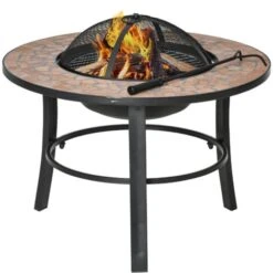 Outsunny Braciere Da Giardino Con Coperchio Parascintille, Attizzatoio E Piano D'Appoggio In Ceramica, 68x68x45cm, Nero