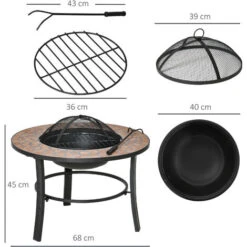 Outsunny Braciere Da Giardino Con Coperchio Parascintille, Attizzatoio E Piano D'Appoggio In Ceramica, 68x68x45cm, Nero -VIDAXLI NEGOZIO 54558112 3