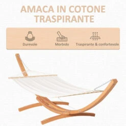 Outsunny Amaca Con Supporto In Legno Di Pino E Cotone Per Giardino, 392x120x102cm, Bianca, Peso 150kg -VIDAXLI NEGOZIO 54558140 4