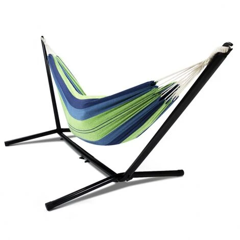 Amaca Con Supporto In Metallo E Tessuto A Righe Blu E Verdi 2 Amaca Con Supporto In Metallo E Tessuto A Righe Blu E Verdi - immagine 2