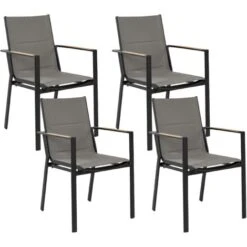 Set Di 4 Sedie Da Giardino In Metallo Nero Grigio Chiaro Cuscini In Legno Busseto