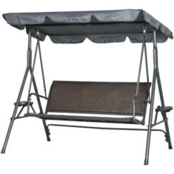 Outsunny Dondolo Da Giardino 3 Posti In Rattan PE E Acciaio Con Tettuccio Regolabile E Portabicchieri, 204x112x150 Cm