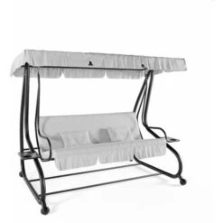 Dondolo 3 Posti Reclinabile Madeira Tettuccio Parasole Regolabile Cuscini Imbottiti Diventa Letto Struttura Robusta In Acciaio Verniciato Giardino Esterno Balcone Terrazzo 200 X 120 X 160 Cm Grigio
